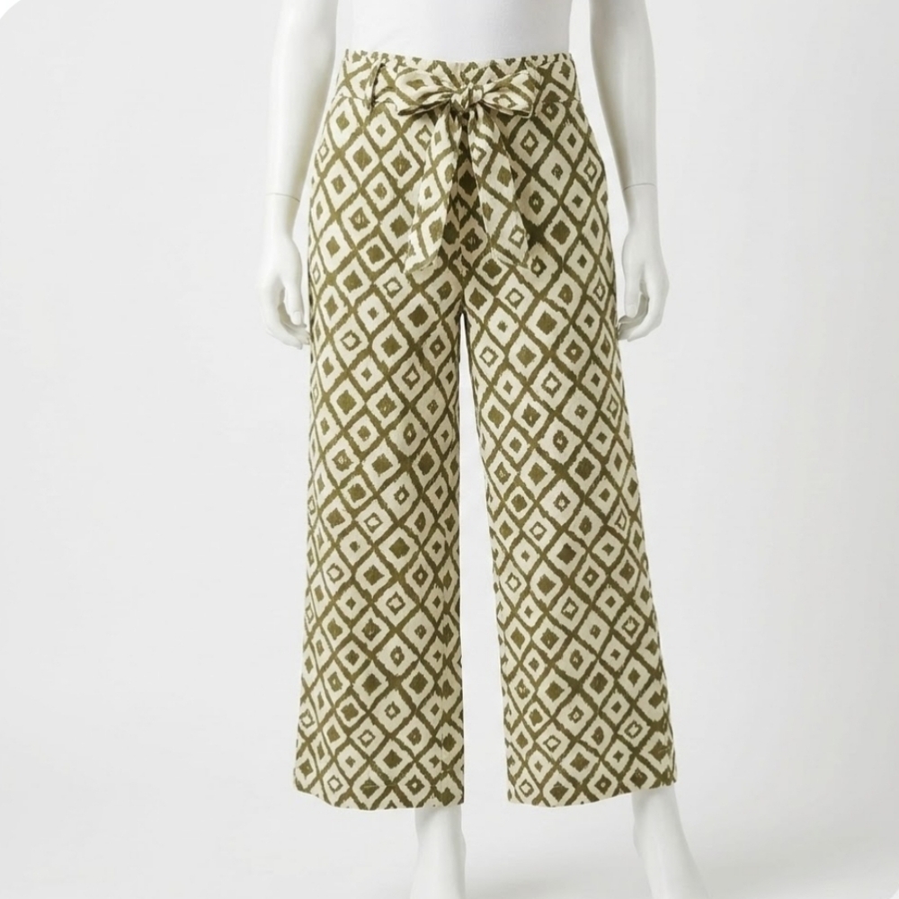 INDUSTRY Olive Geometric Wide Leg Pants High Rise‎ Belted Boho Trouser Medium